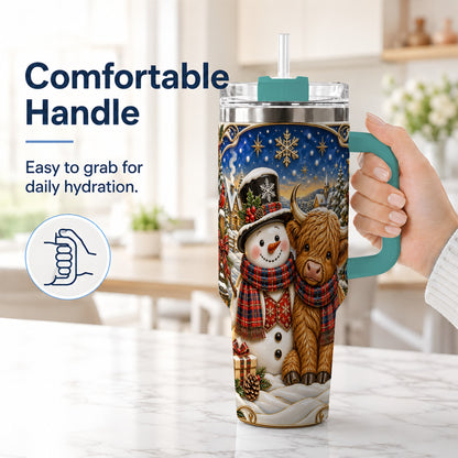 #pl[40oz|Green] Cow Snowman 40oz Tumbler with Handle, Tartan Winter Stainless Steel Cup