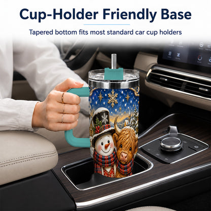 #pl[40oz|Green] Cow Snowman 40oz Tumbler with Handle, Tartan Winter Stainless Steel Cup