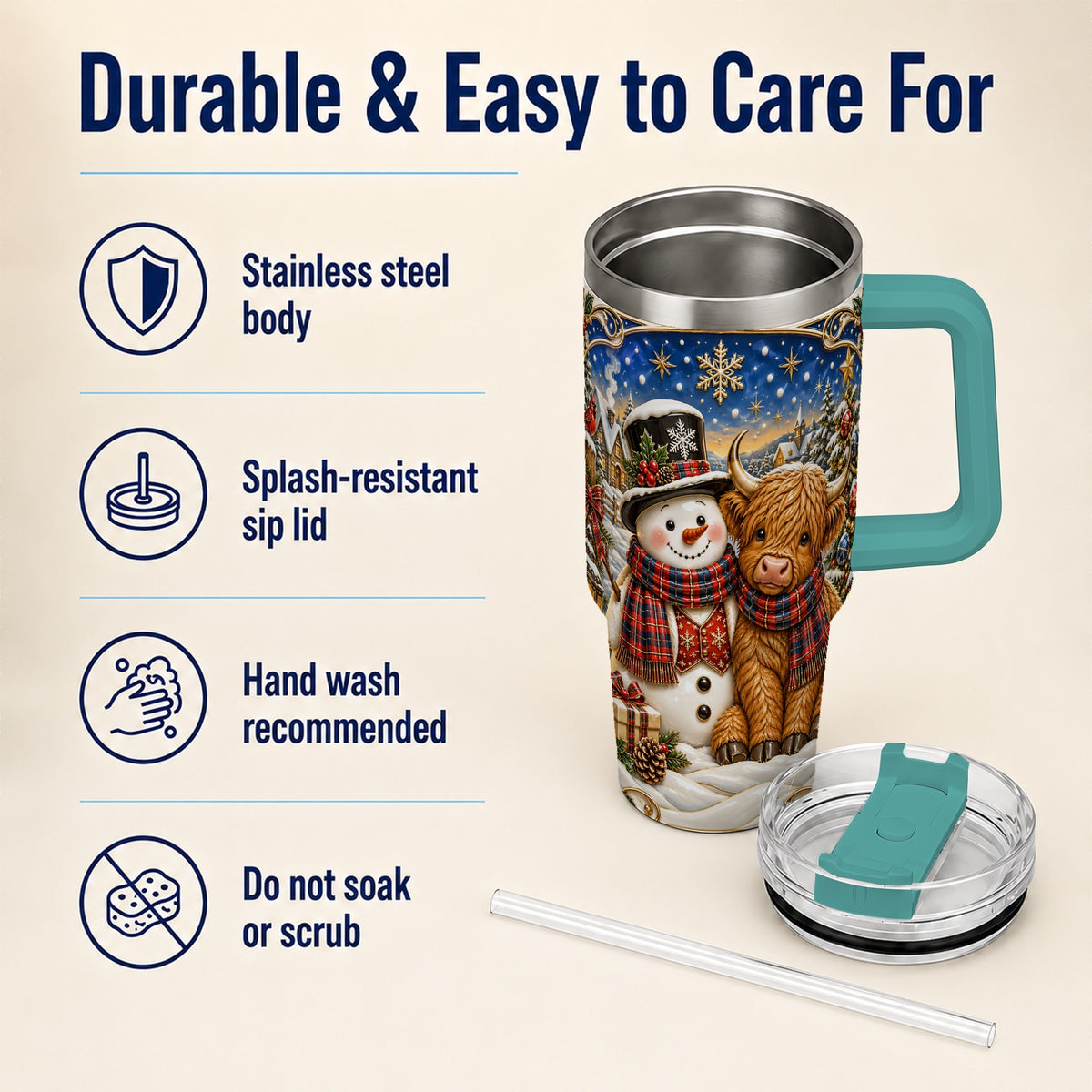 #pl[40oz|Green] Cow Snowman 40oz Tumbler with Handle, Tartan Winter Stainless Steel Cup