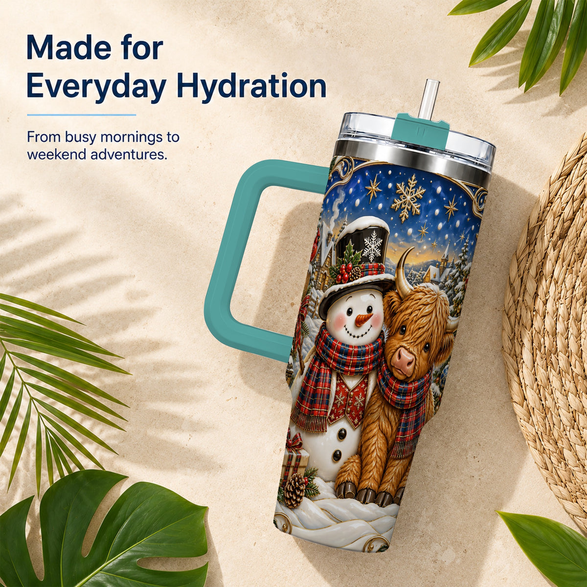 #pl[40oz|Green] Cow Snowman 40oz Tumbler with Handle, Tartan Winter Stainless Steel Cup
