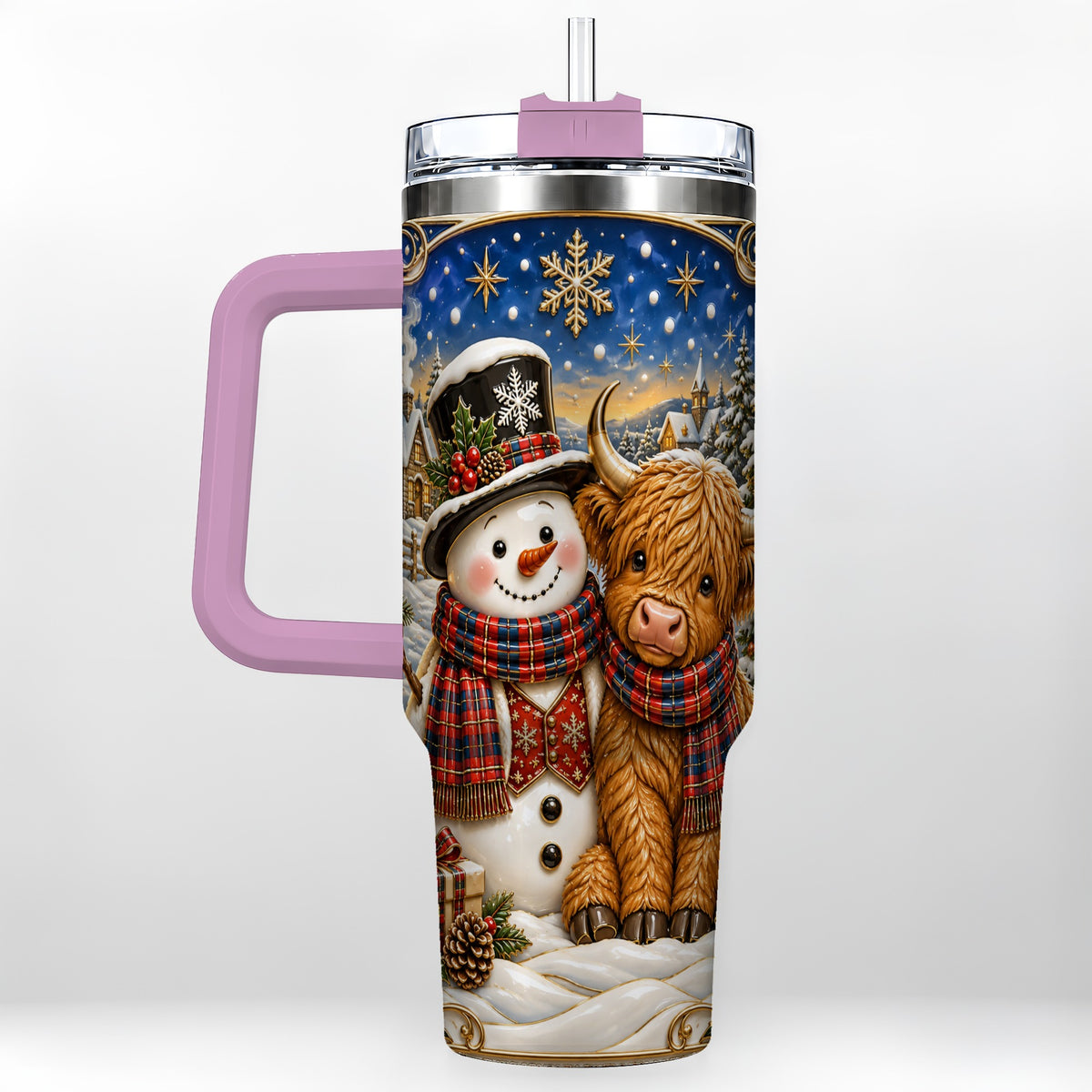 #pl[40oz|Pink] Cow Snowman 40oz Tumbler with Handle, Tartan Winter Stainless Steel Cup