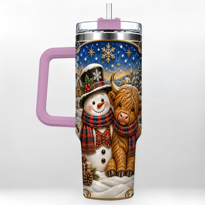 #pl[40oz|Pink] Cow Snowman 40oz Tumbler with Handle, Tartan Winter Stainless Steel Cup