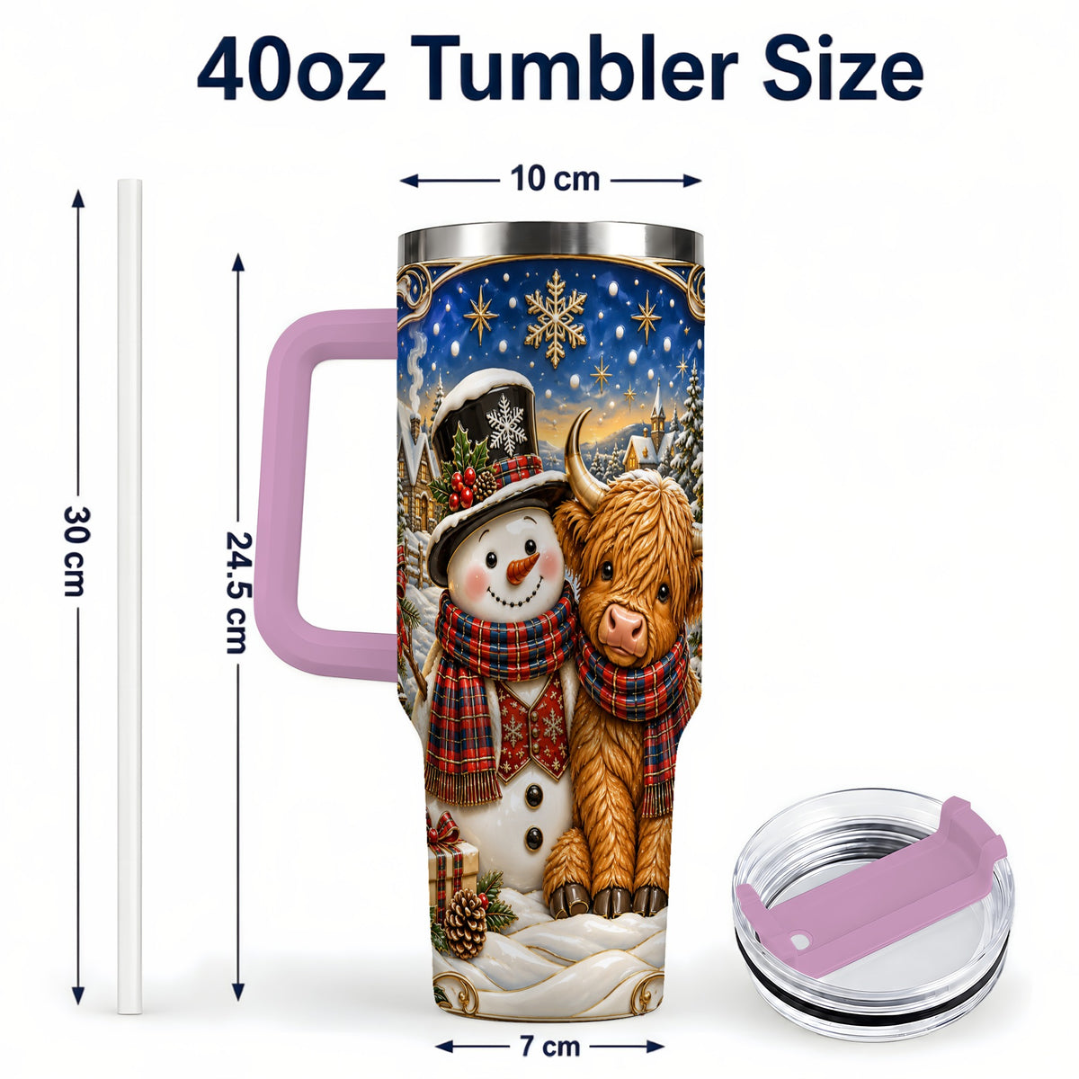 #pl[40oz|Pink] Cow Snowman 40oz Tumbler with Handle, Tartan Winter Stainless Steel Cup