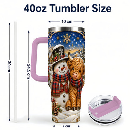#pl[40oz|Pink] Cow Snowman 40oz Tumbler with Handle, Tartan Winter Stainless Steel Cup