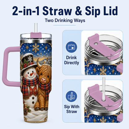 #pl[40oz|Pink] Cow Snowman 40oz Tumbler with Handle, Tartan Winter Stainless Steel Cup