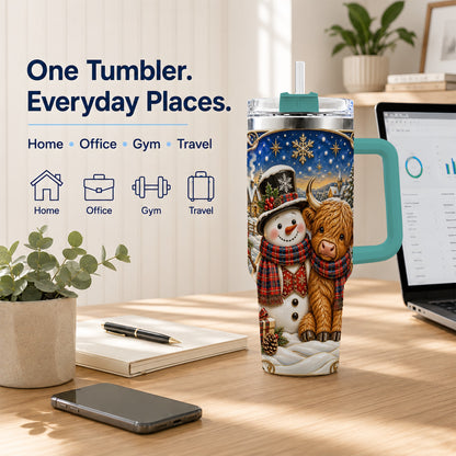 #pl[40oz|Green] Cow Snowman 40oz Tumbler with Handle, Tartan Winter Stainless Steel Cup