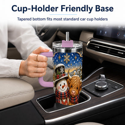 #pl[40oz|Pink] Cow Snowman 40oz Tumbler with Handle, Tartan Winter Stainless Steel Cup