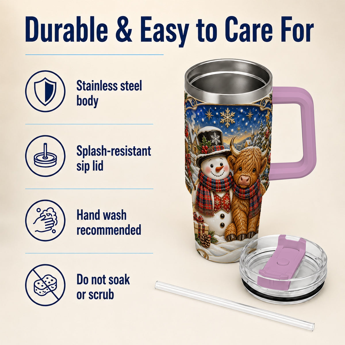 #pl[40oz|Pink] Cow Snowman 40oz Tumbler with Handle, Tartan Winter Stainless Steel Cup