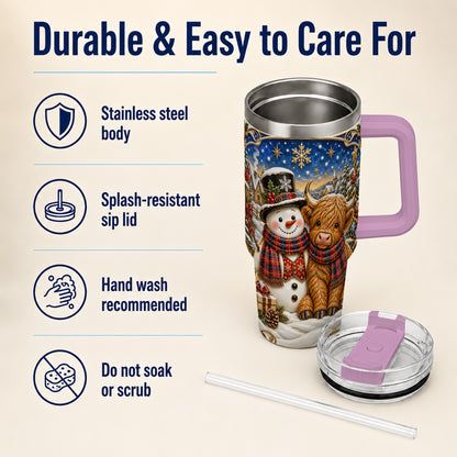 #pl[40oz|Pink] Cow Snowman 40oz Tumbler with Handle, Tartan Winter Stainless Steel Cup