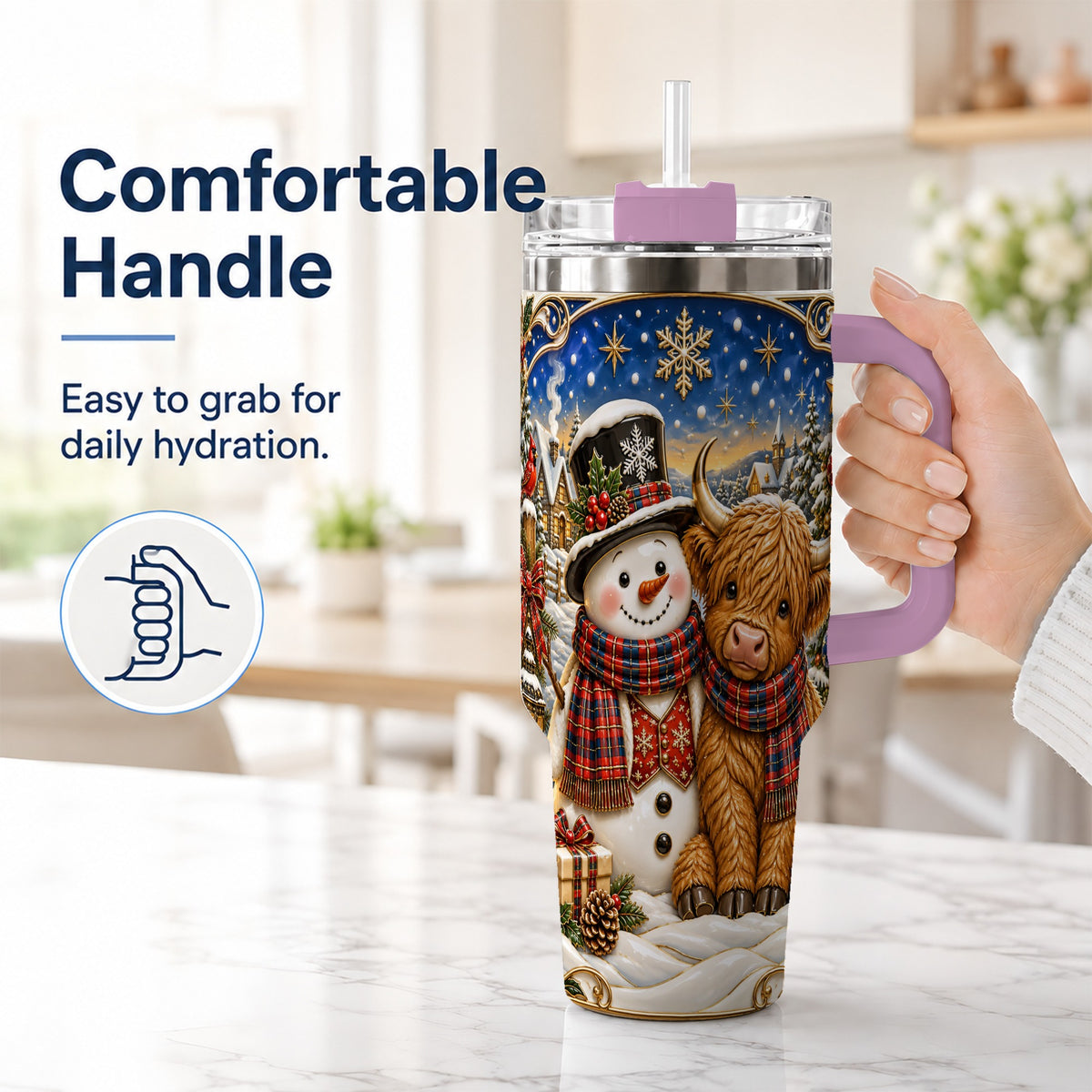#pl[40oz|Pink] Cow Snowman 40oz Tumbler with Handle, Tartan Winter Stainless Steel Cup
