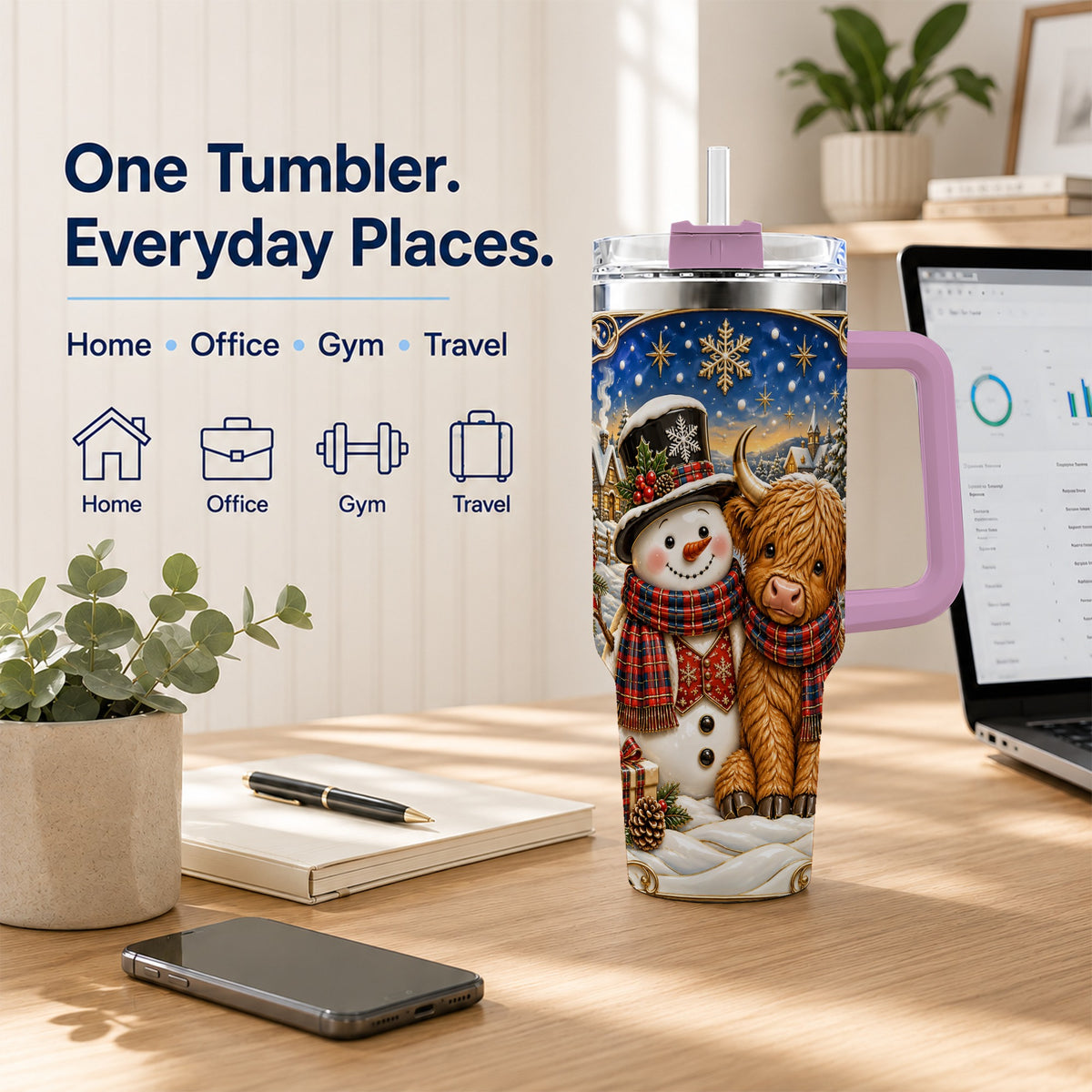 #pl[40oz|Pink] Cow Snowman 40oz Tumbler with Handle, Tartan Winter Stainless Steel Cup