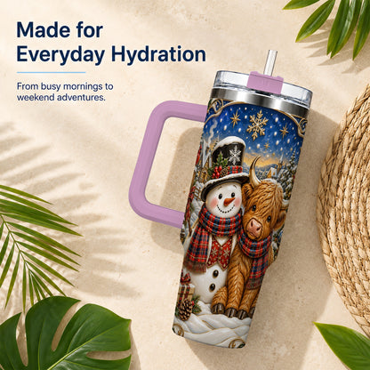 #pl[40oz|Pink] Cow Snowman 40oz Tumbler with Handle, Tartan Winter Stainless Steel Cup