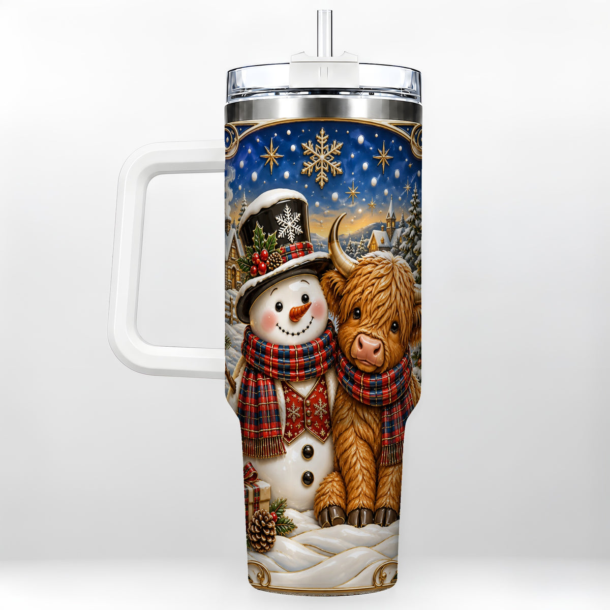 Cow Snowman 40oz Tumbler with Handle, Tartan Winter Stainless Steel Cup
