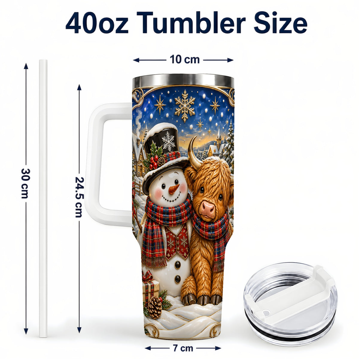 #pl[40oz|White] Cow Snowman 40oz Tumbler with Handle, Tartan Winter Stainless Steel Cup