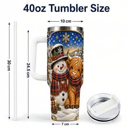 #pl[40oz|White] Cow Snowman 40oz Tumbler with Handle, Tartan Winter Stainless Steel Cup