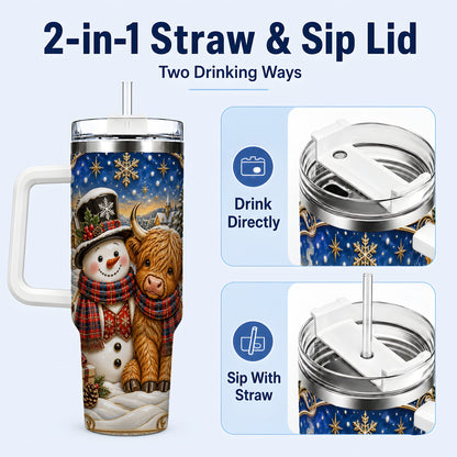 #pl[40oz|White] Cow Snowman 40oz Tumbler with Handle, Tartan Winter Stainless Steel Cup
