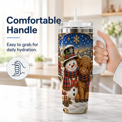 #pl[40oz|White] Cow Snowman 40oz Tumbler with Handle, Tartan Winter Stainless Steel Cup