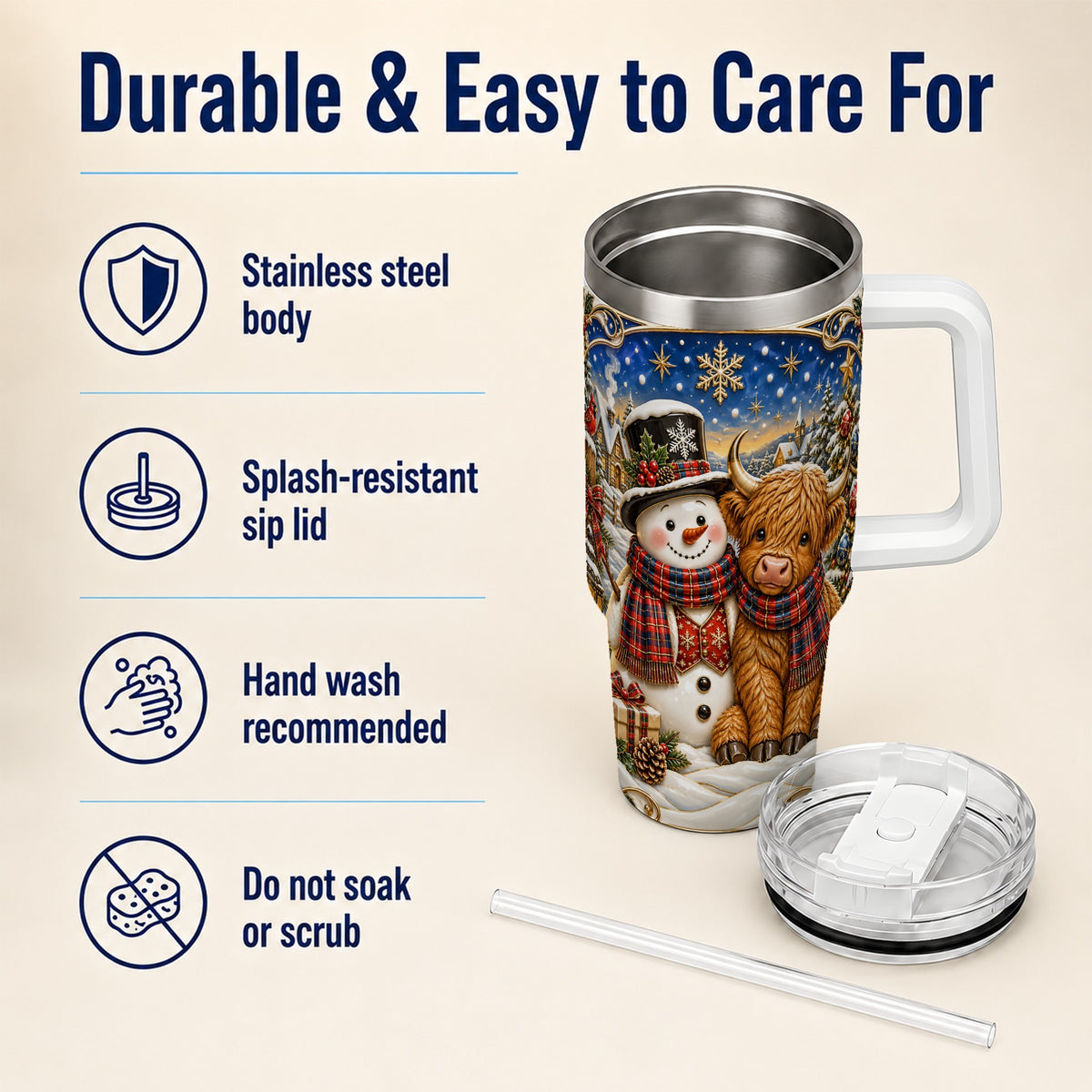 #pl[40oz|White] Cow Snowman 40oz Tumbler with Handle, Tartan Winter Stainless Steel Cup