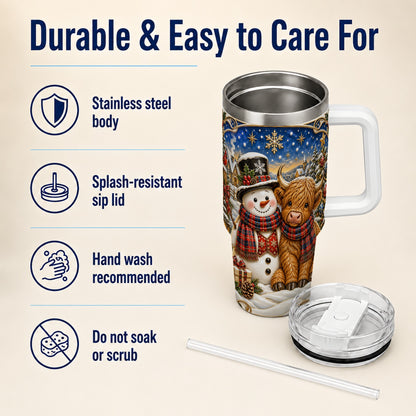 #pl[40oz|White] Cow Snowman 40oz Tumbler with Handle, Tartan Winter Stainless Steel Cup