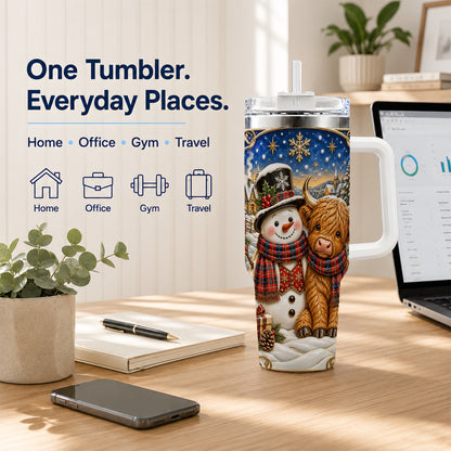 #pl[40oz|White] Cow Snowman 40oz Tumbler with Handle, Tartan Winter Stainless Steel Cup