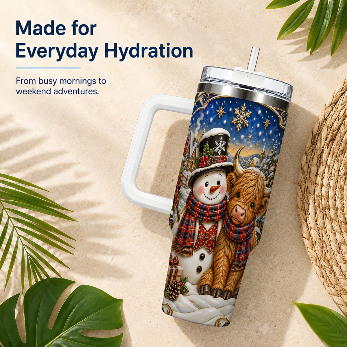 #pl[40oz|White] Cow Snowman 40oz Tumbler with Handle, Tartan Winter Stainless Steel Cup