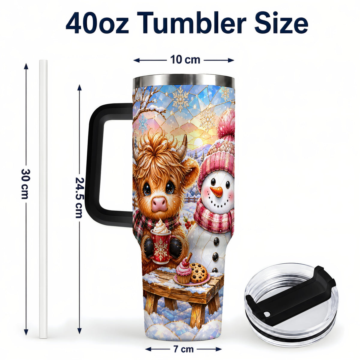 #pl[40oz|Black] Cow Snowman 40oz Tumbler with Handle, Pink Winter Stainless Steel Cup