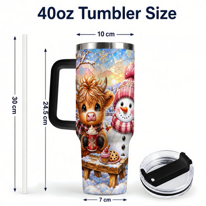 #pl[40oz|Black] Cow Snowman 40oz Tumbler with Handle, Pink Winter Stainless Steel Cup