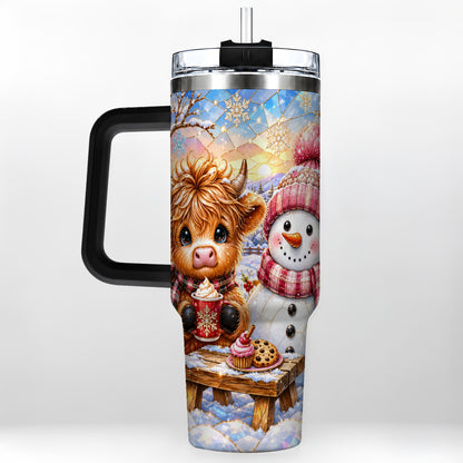 #pl[40oz|Black] Cow Snowman 40oz Tumbler with Handle, Pink Winter Stainless Steel Cup