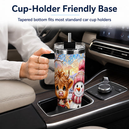 #pl[40oz|Black] Cow Snowman 40oz Tumbler with Handle, Pink Winter Stainless Steel Cup