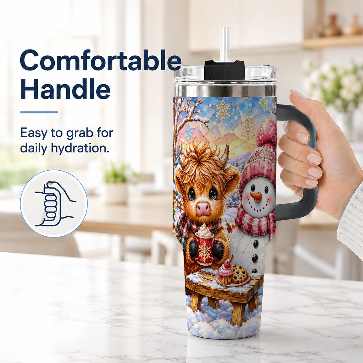 #pl[40oz|Black] Cow Snowman 40oz Tumbler with Handle, Pink Winter Stainless Steel Cup