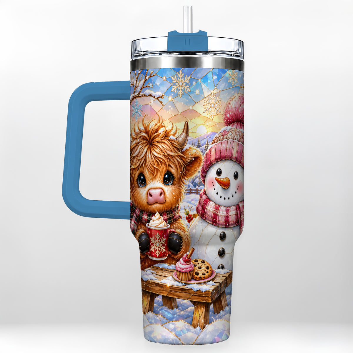 #pl[40oz|Blue] Cow Snowman 40oz Tumbler with Handle, Pink Winter Stainless Steel Cup