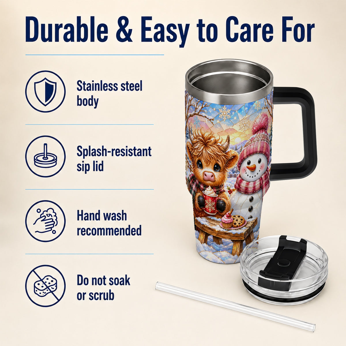 #pl[40oz|Black] Cow Snowman 40oz Tumbler with Handle, Pink Winter Stainless Steel Cup