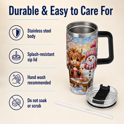 #pl[40oz|Black] Cow Snowman 40oz Tumbler with Handle, Pink Winter Stainless Steel Cup