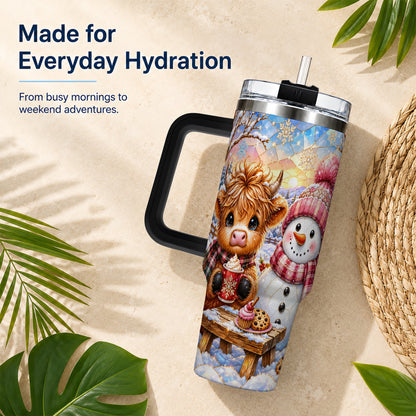 #pl[40oz|Black] Cow Snowman 40oz Tumbler with Handle, Pink Winter Stainless Steel Cup