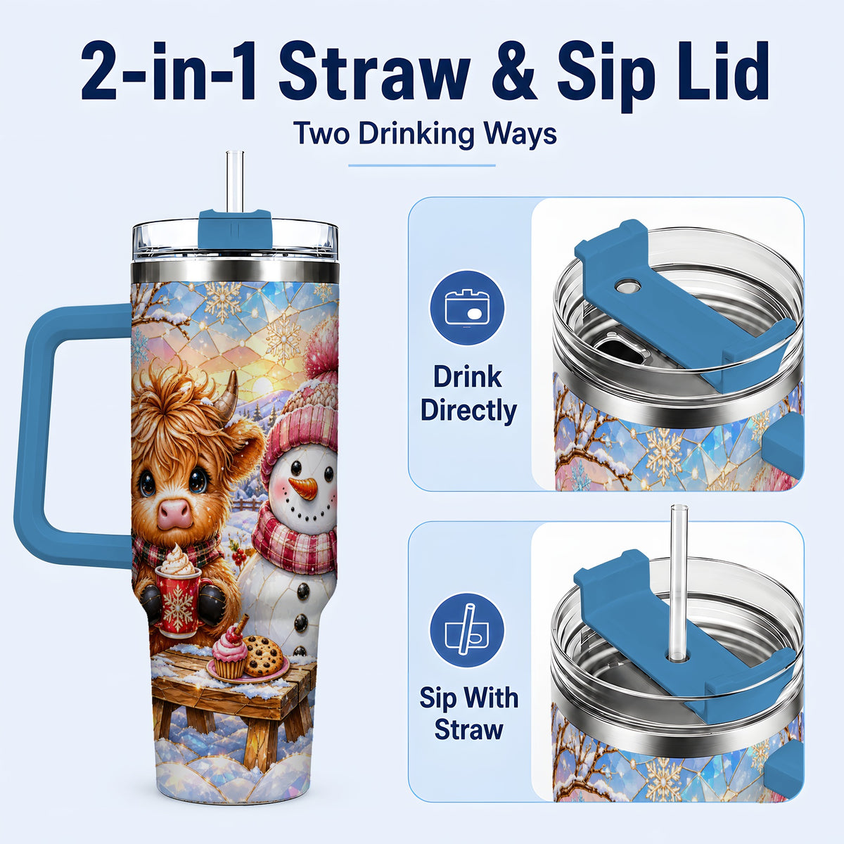 #pl[40oz|Blue] Cow Snowman 40oz Tumbler with Handle, Pink Winter Stainless Steel Cup
