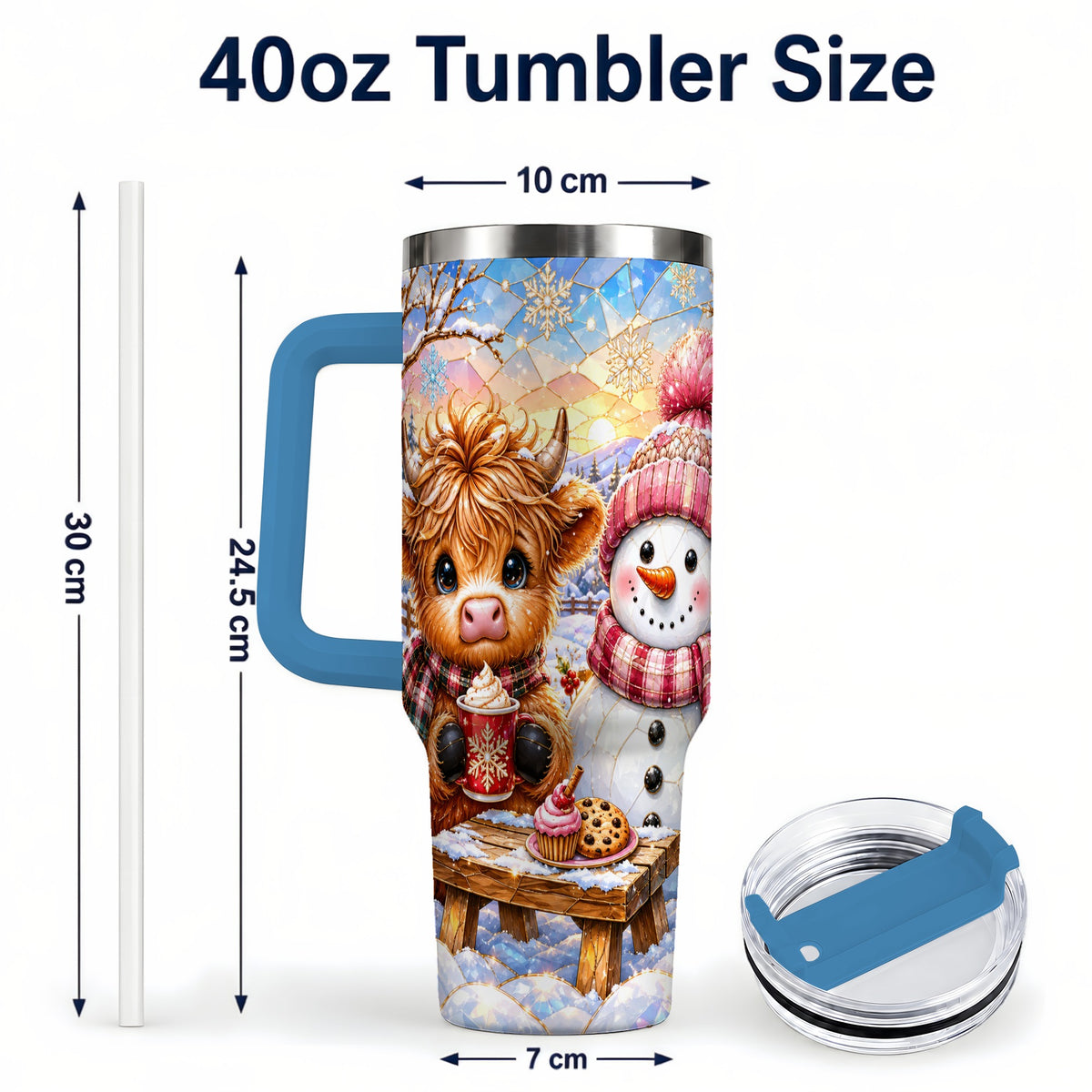 #pl[40oz|Blue] Cow Snowman 40oz Tumbler with Handle, Pink Winter Stainless Steel Cup