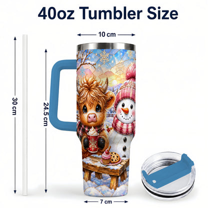 #pl[40oz|Blue] Cow Snowman 40oz Tumbler with Handle, Pink Winter Stainless Steel Cup