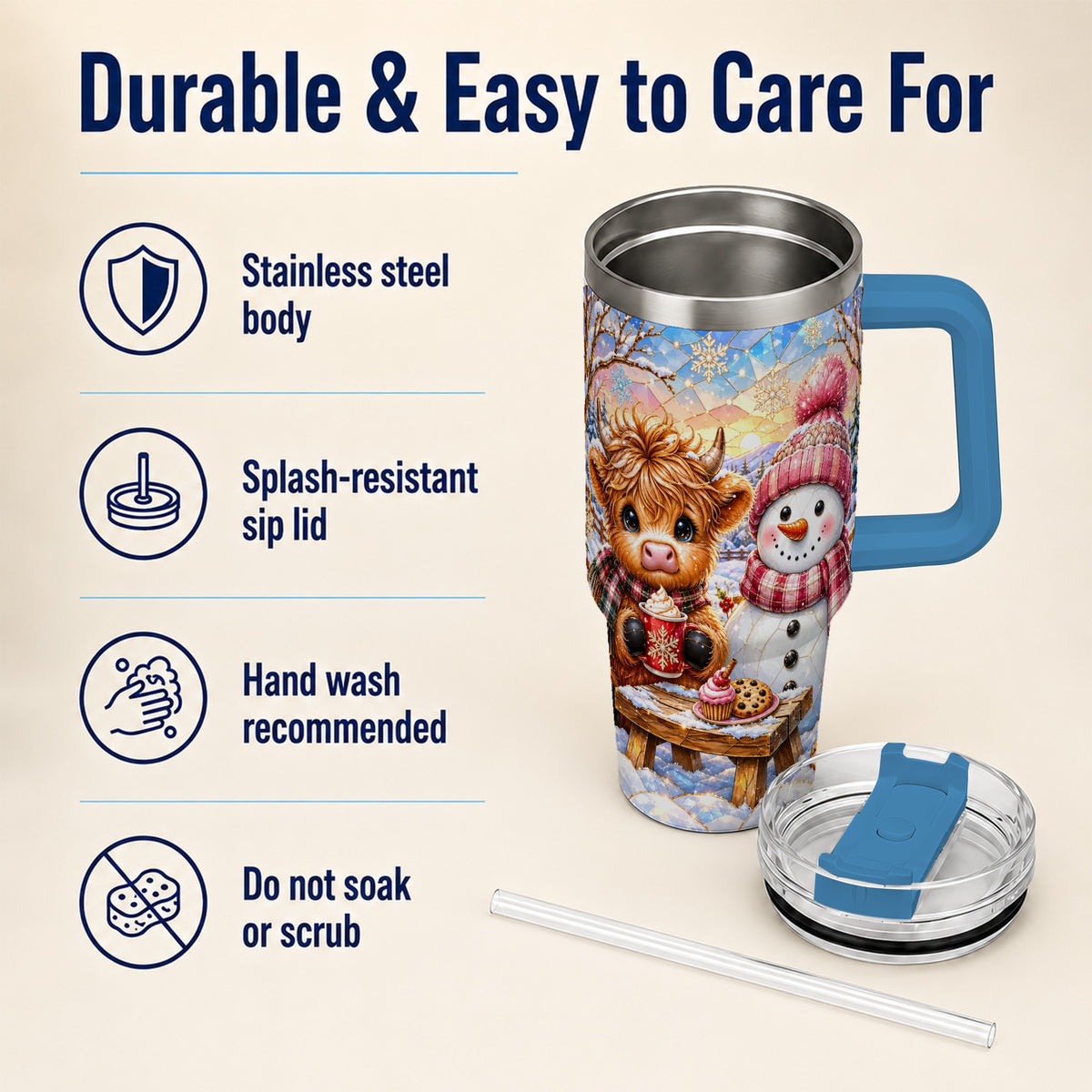 #pl[40oz|Blue] Cow Snowman 40oz Tumbler with Handle, Pink Winter Stainless Steel Cup