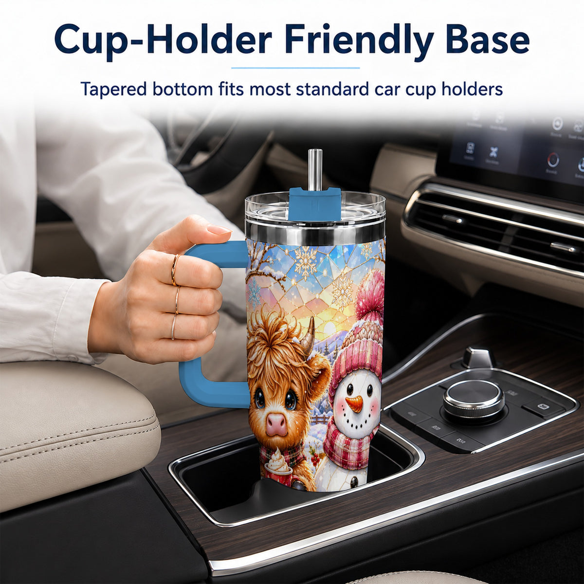 #pl[40oz|Blue] Cow Snowman 40oz Tumbler with Handle, Pink Winter Stainless Steel Cup