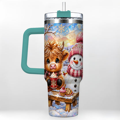 #pl[40oz|Green] Cow Snowman 40oz Tumbler with Handle, Pink Winter Stainless Steel Cup