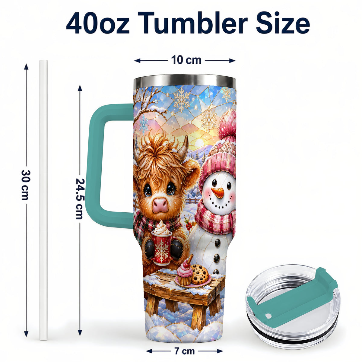 #pl[40oz|Green] Cow Snowman 40oz Tumbler with Handle, Pink Winter Stainless Steel Cup