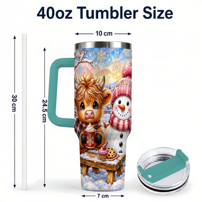#pl[40oz|Green] Cow Snowman 40oz Tumbler with Handle, Pink Winter Stainless Steel Cup