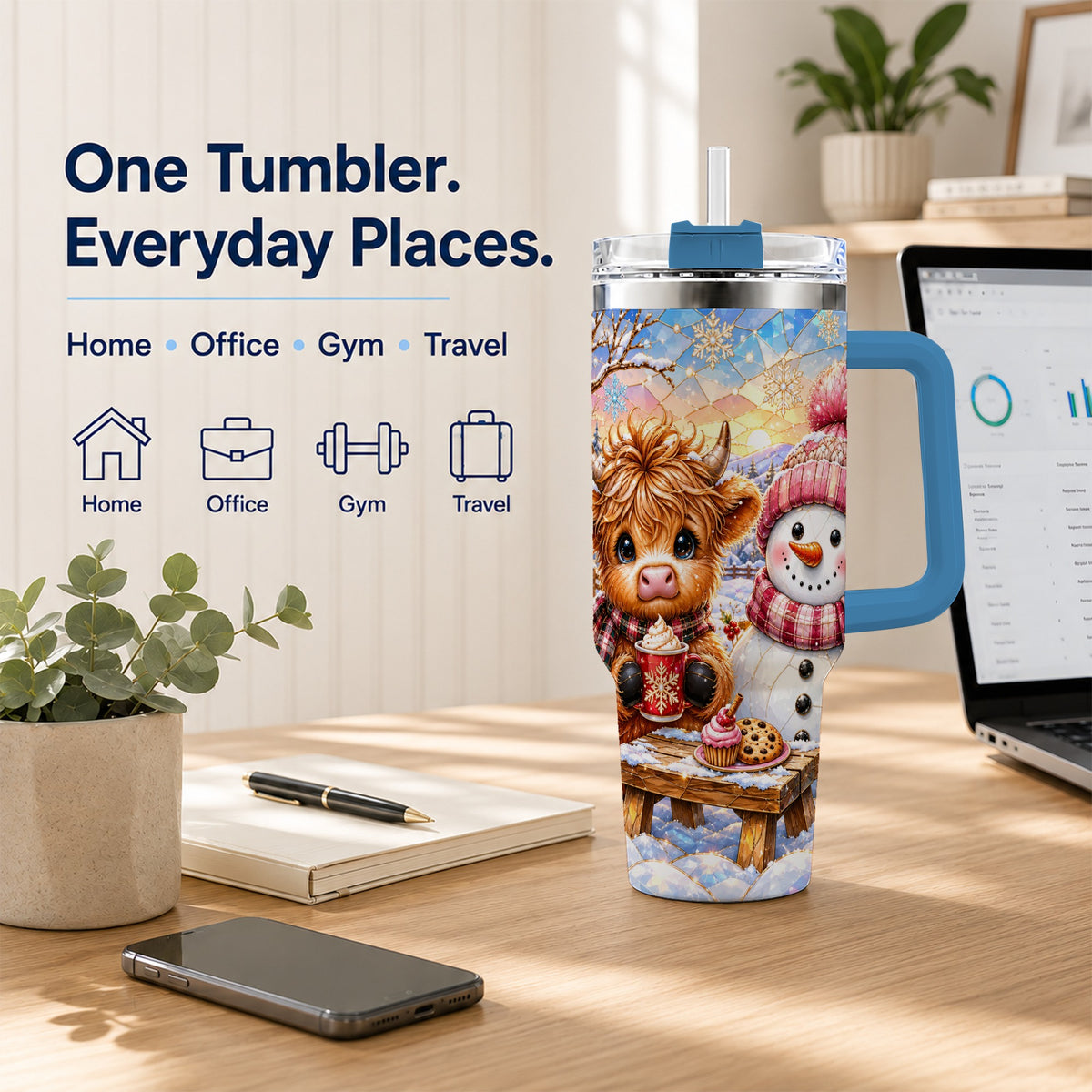 #pl[40oz|Blue] Cow Snowman 40oz Tumbler with Handle, Pink Winter Stainless Steel Cup