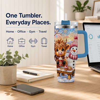 #pl[40oz|Blue] Cow Snowman 40oz Tumbler with Handle, Pink Winter Stainless Steel Cup