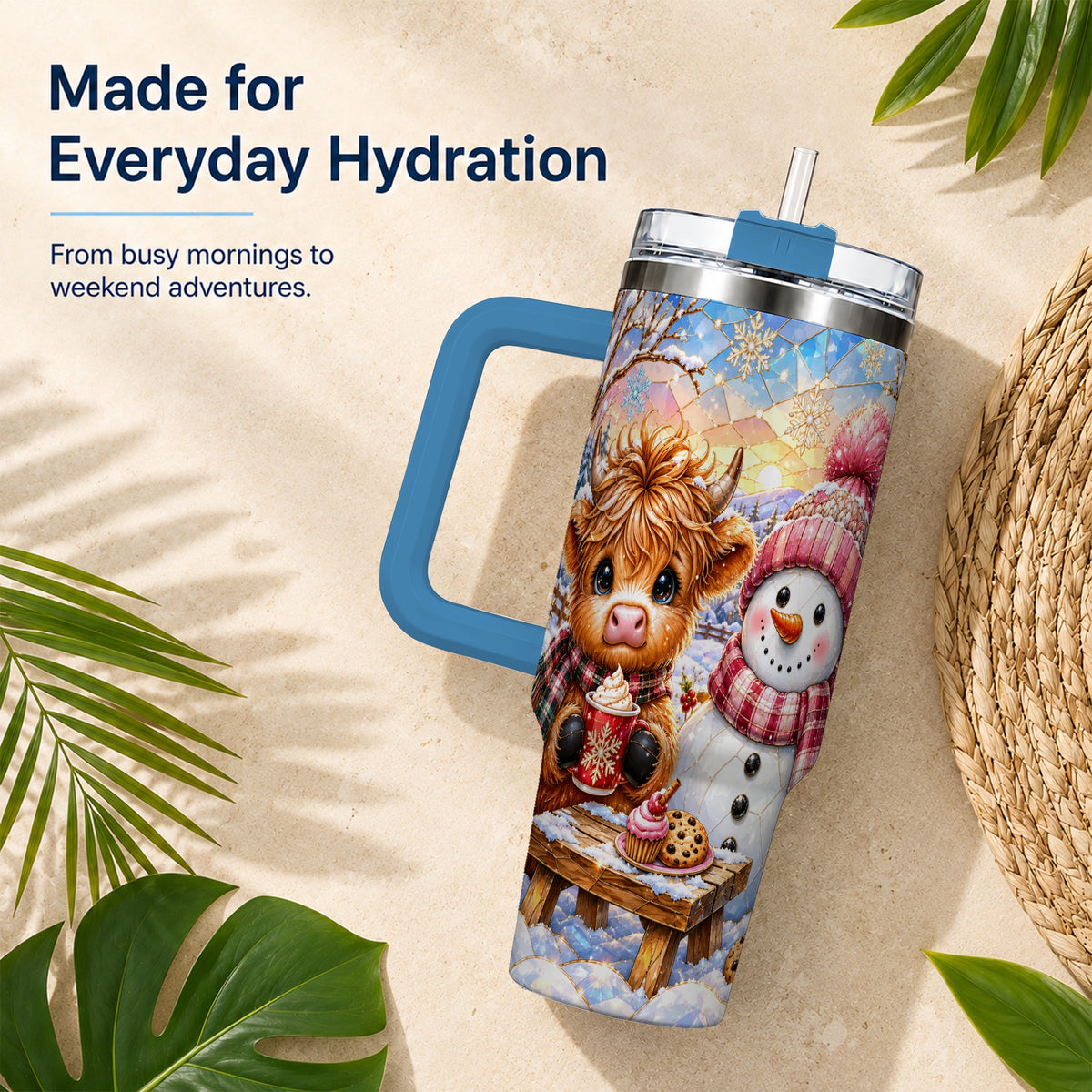 #pl[40oz|Blue] Cow Snowman 40oz Tumbler with Handle, Pink Winter Stainless Steel Cup