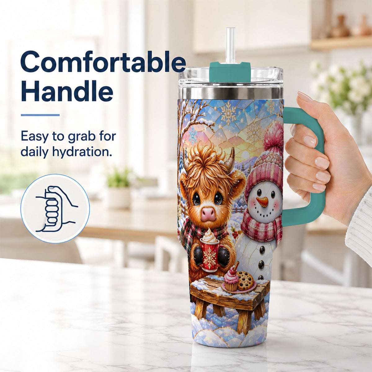 #pl[40oz|Green] Cow Snowman 40oz Tumbler with Handle, Pink Winter Stainless Steel Cup