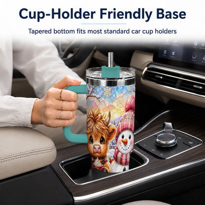 #pl[40oz|Green] Cow Snowman 40oz Tumbler with Handle, Pink Winter Stainless Steel Cup