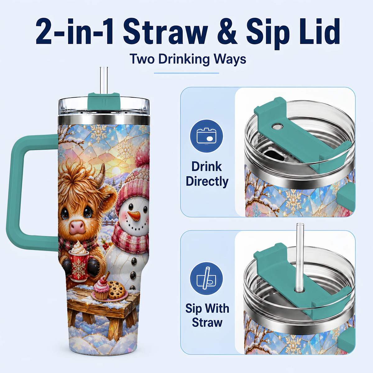 #pl[40oz|Green] Cow Snowman 40oz Tumbler with Handle, Pink Winter Stainless Steel Cup