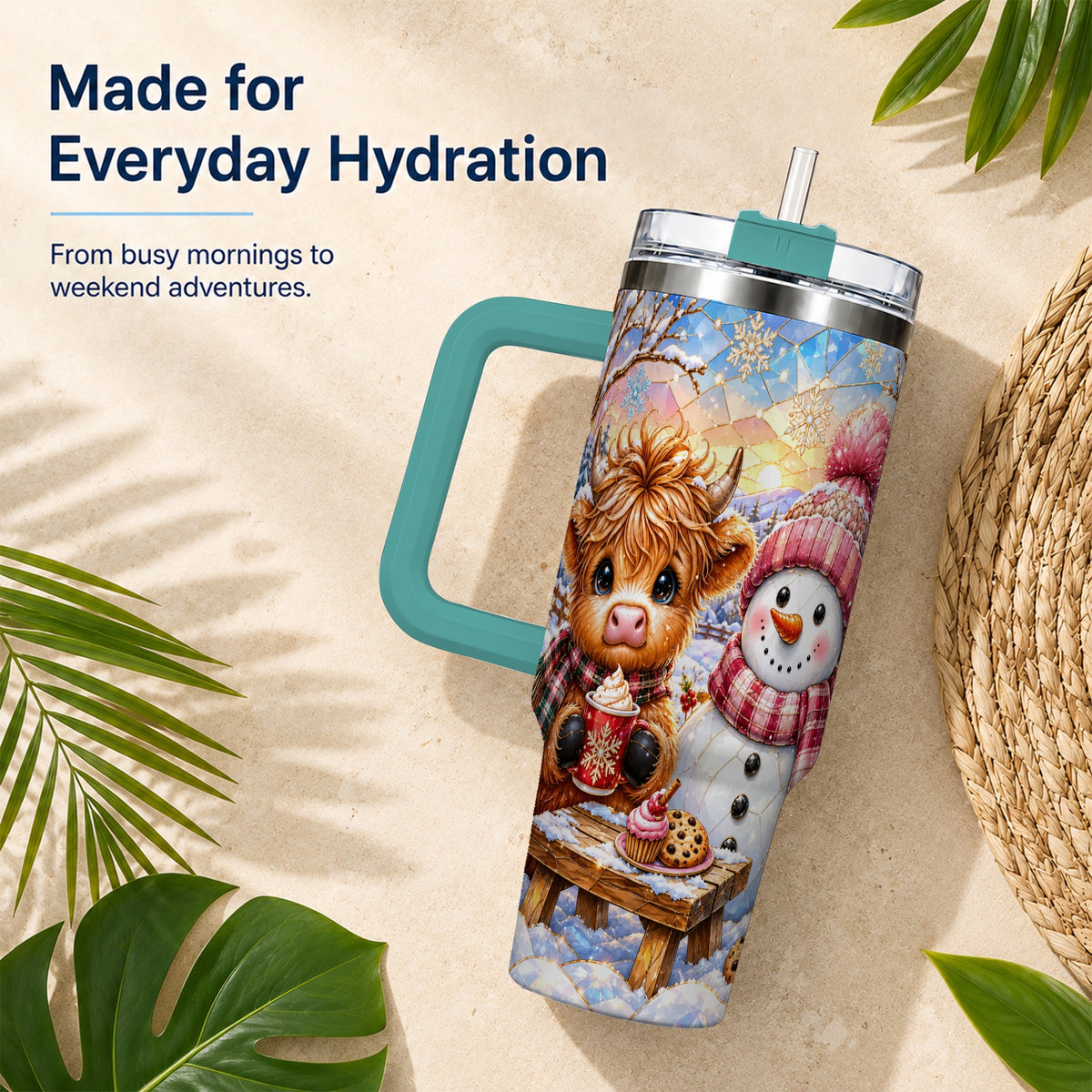 #pl[40oz|Green] Cow Snowman 40oz Tumbler with Handle, Pink Winter Stainless Steel Cup