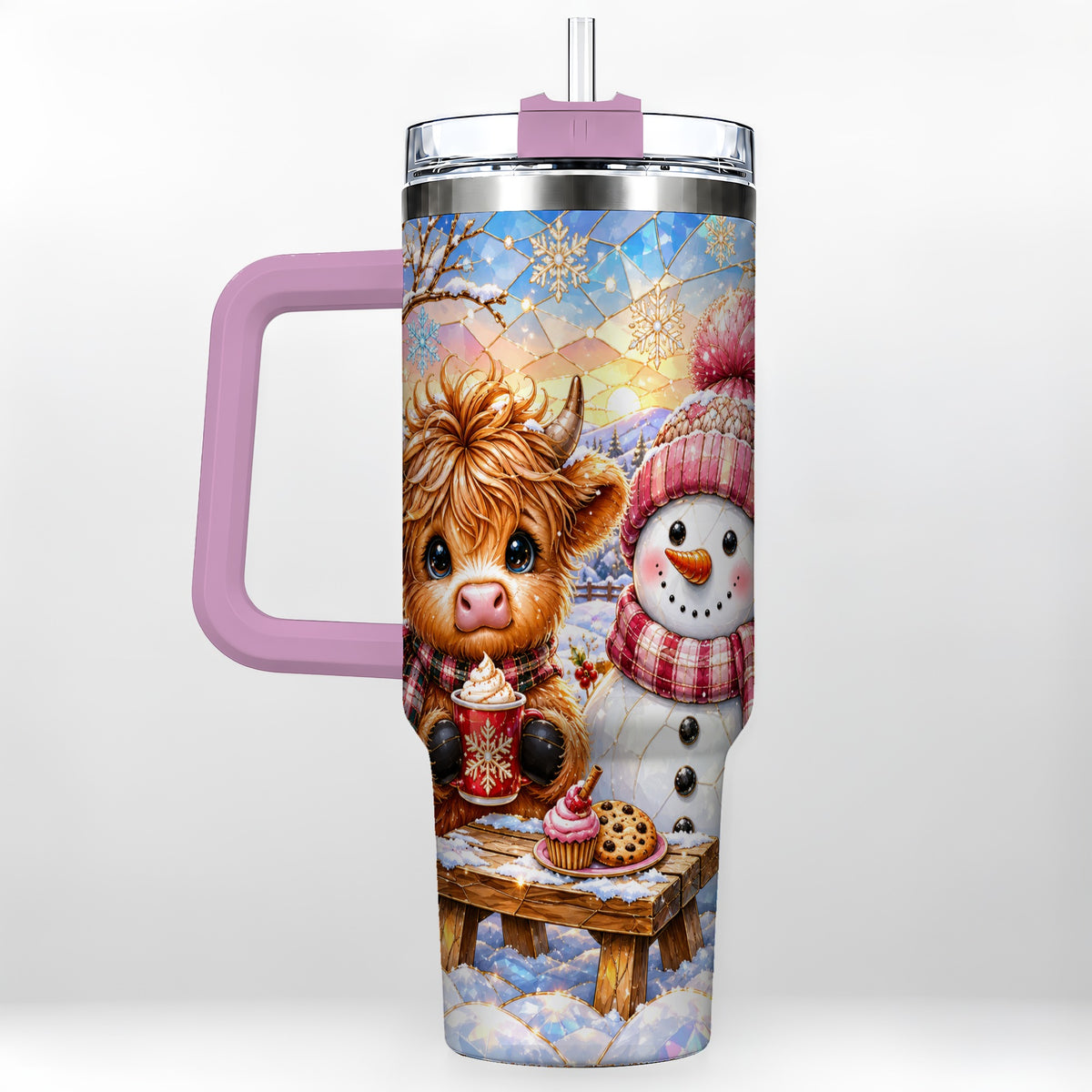 #pl[40oz|Pink] Cow Snowman 40oz Tumbler with Handle, Pink Winter Stainless Steel Cup